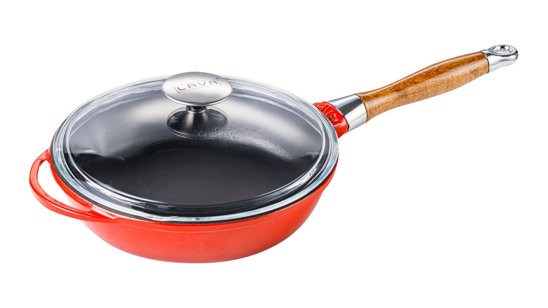Сковорода чугунная эмалированная красная с деревянной ручкой и стеклянной крышкой, 28 см, LAVA