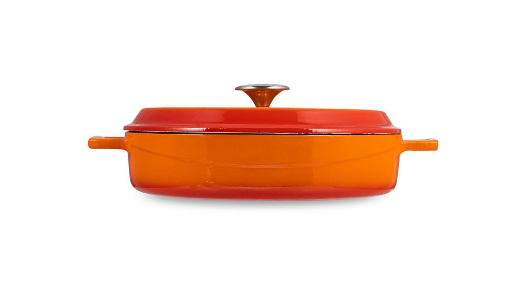 Кастрюля низкая чугунная эмалированная оранжевая с крышкой 28 см, 3,5 л, LAVA, изображение 4