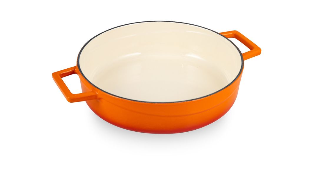 Кастрюля низкая чугунная эмалированная оранжевая с крышкой 24 см, 2,5 л, LAVA, изображение 4