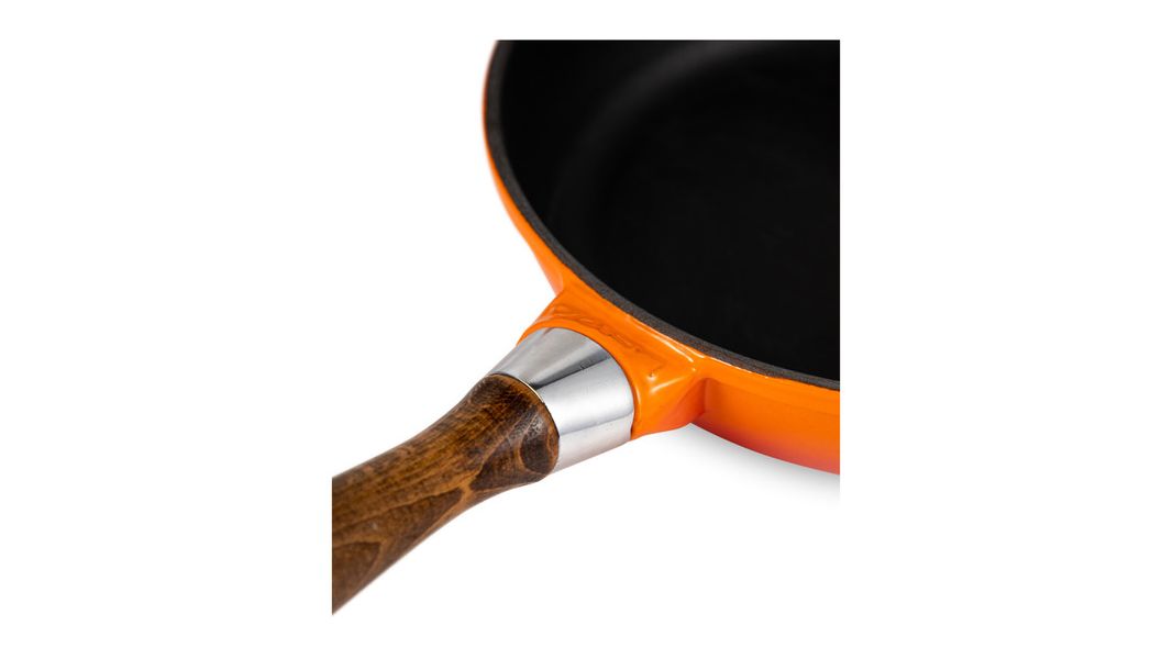 Сковорода чугунная эмалированная оранжевая с крышкой и деревянной ручкой 24 см, 2 л, LAVA, изображение 4
