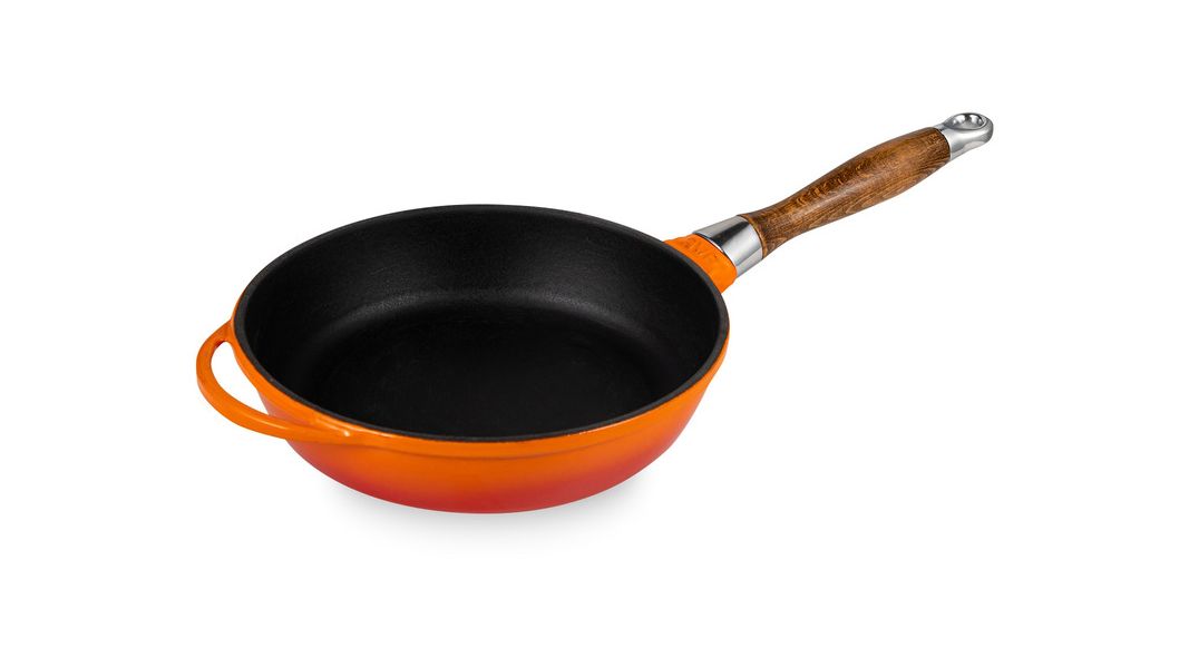 Сковорода чугунная эмалированная оранжевая с крышкой и деревянной ручкой 24 см, 2 л, LAVA, изображение 5