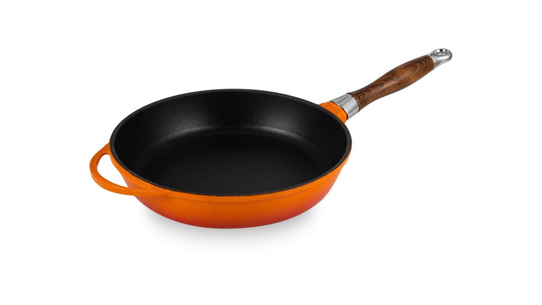 Сковорода чугунная эмалированная оранжевая с крышкой и деревянной ручкой 28 см, 2,8 л, LAVA, изображение 5