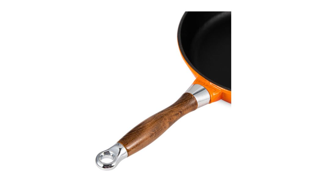 Сковорода чугунная эмалированная оранжевая с крышкой и деревянной ручкой 28 см, 2,8 л, LAVA, изображение 6