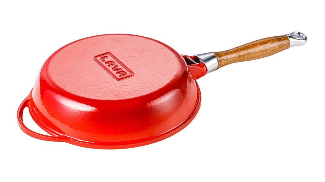Сковорода чугунная эмалированная красная с деревянной ручкой и стеклянной крышкой, 28 см, LAVA, изображение 4