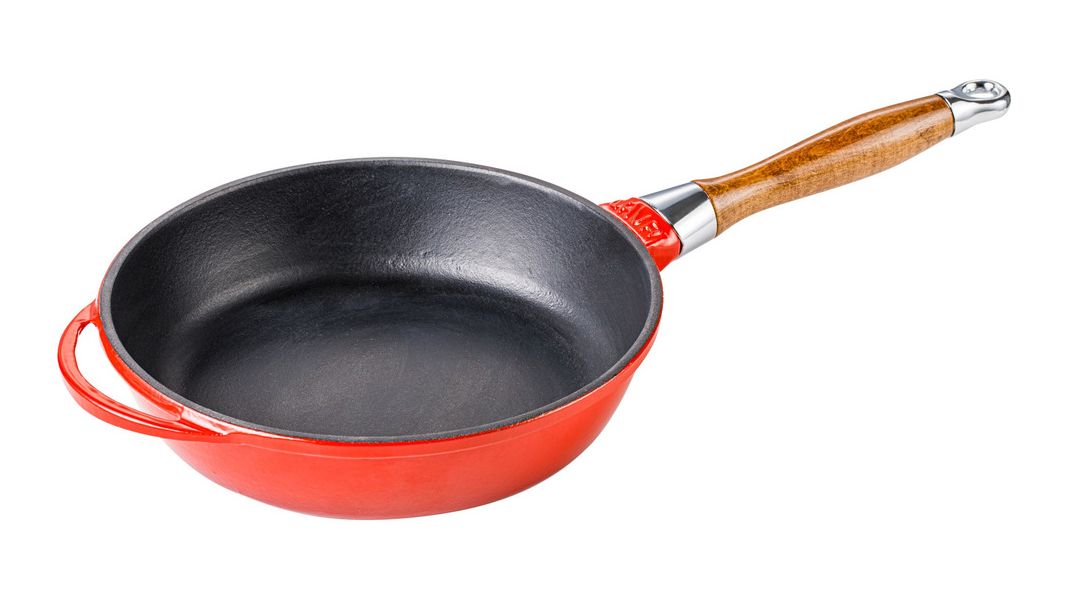 Сковорода чугунная эмалированная красная с деревянной ручкой и стеклянной крышкой, 28 см, LAVA, изображение 5