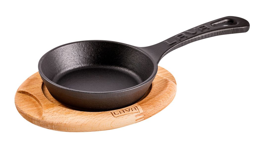 Сковорода круглая чугунная на деревянной подставке, 12 см, LAVA, Диаметр, см: 12, Цвет: Черный