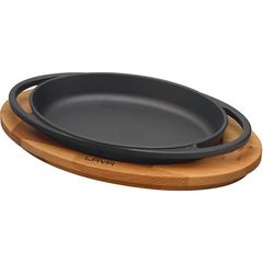 Сковорода овальная чугунная с 2-мя ручками на деревянной подставке, 21*14 см, LAVA