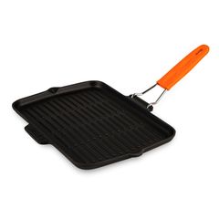 Сковорода-гриль прямоугольная чугунная эмалированная оранжевая с силиконовой ручкой, 21*30 см, LAVA