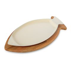 Форма овальная для запекания рыбы на подставке из бука, чугунная эмалированная красная 20*35 см, LAVA