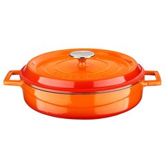 Кастрюля низкая чугунная эмалированная оранжевая с крышкой 28 см, 3,5 л, LAVA