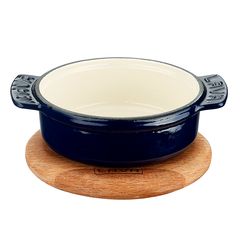 Сковорода чугунная эмалированная синяя на деревянной подставке, 11 см, 0,2 л, LAVA