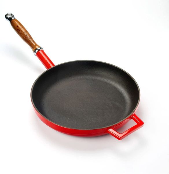 Сковорода чугунная эмалированная красная с крышкой и деревянной ручкой 28 см, 2,3 л, LAVA, изображение 2
