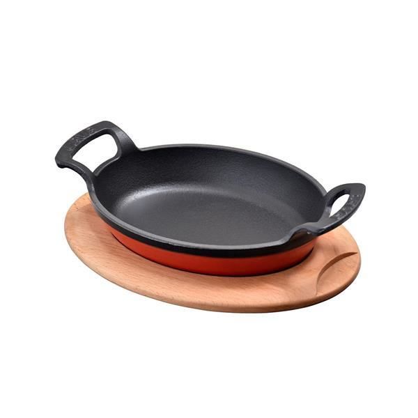 Сковорода овальная чугунная с 2-мя ручками на деревянной подставке, 19*14 см, 0,54 л, LAVA