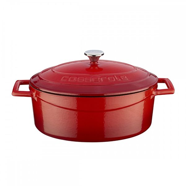 Кастрюля овальная чугунная эмалированная красная с крышкой, 25x21 см, 3,19 л, LAVA, Цвет: Красный