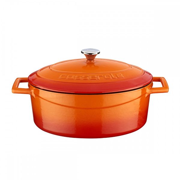 Кастрюля овальная чугунная эмалированная оранжевая с крышкой, 25x20 см, 3,19 л, LAVA, Цвет: Оранжевый