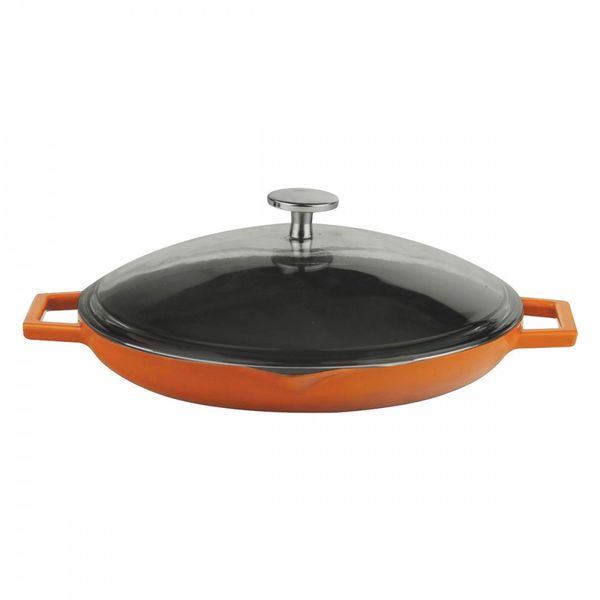 Сковорода чугунная эмалированная оранжевая с 2-мя ручками со стеклянной крышкой, 30 см, 2,11 л, LAVA, Диаметр, см: 30, Цвет: Оранжевый