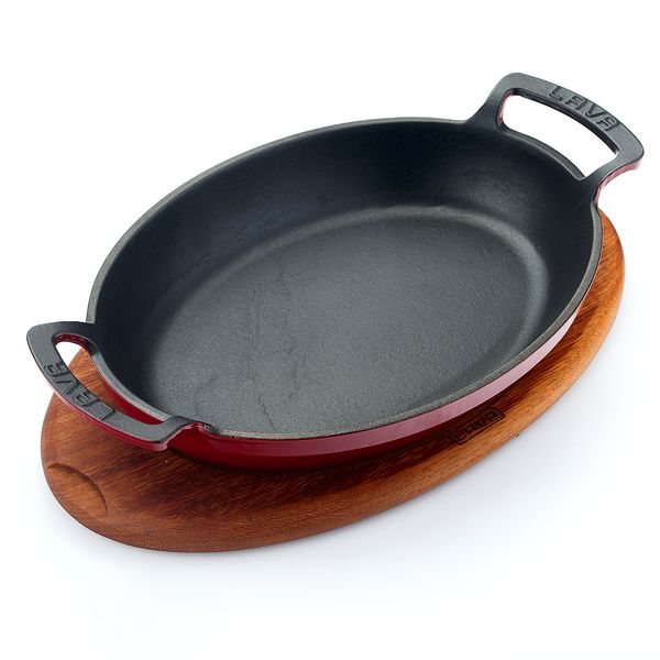 Сковорода овальная чугунная эмалированная красная с 2-мя ручками на деревянной подставке, 27*20 см, 1,35 л, LAVA