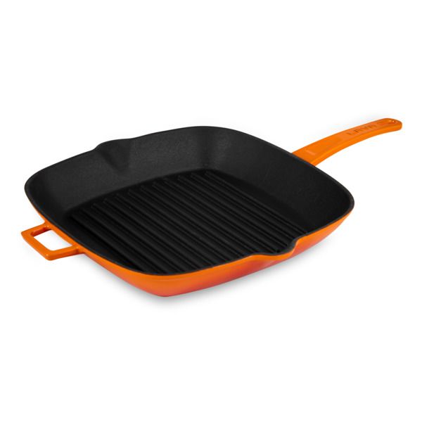 Сковорода-гриль квадратная чугунная эмалированная оранжевая 28 см, 2,1 л, LAVA