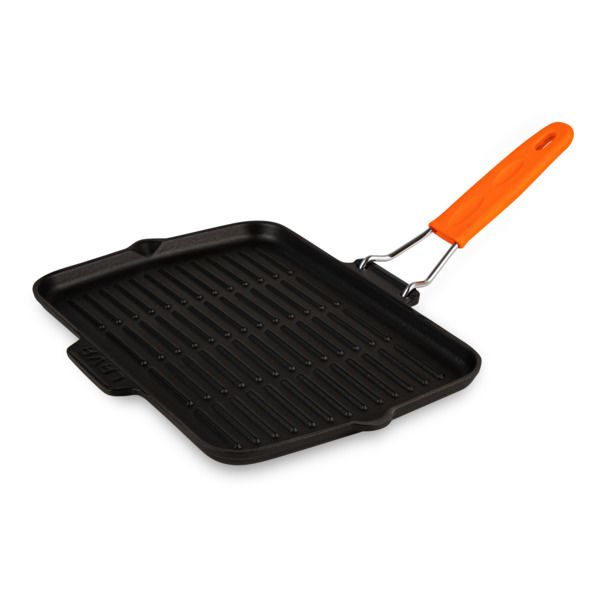 Сковорода-гриль прямоугольная чугунная эмалированная оранжевая с силиконовой ручкой, 21*30 см, LAVA