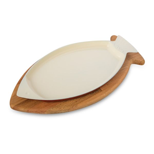 Форма овальная для запекания рыбы на подставке из бука, чугунная эмалированная красная 20*35 см, LAVA