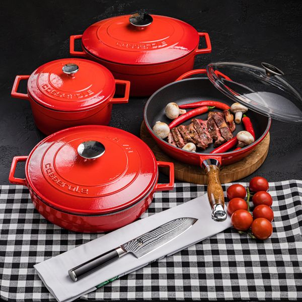 Кастрюля чугунная эмалированная красная с крышкой 20 см, 2,8 л, LAVA, изображение 5