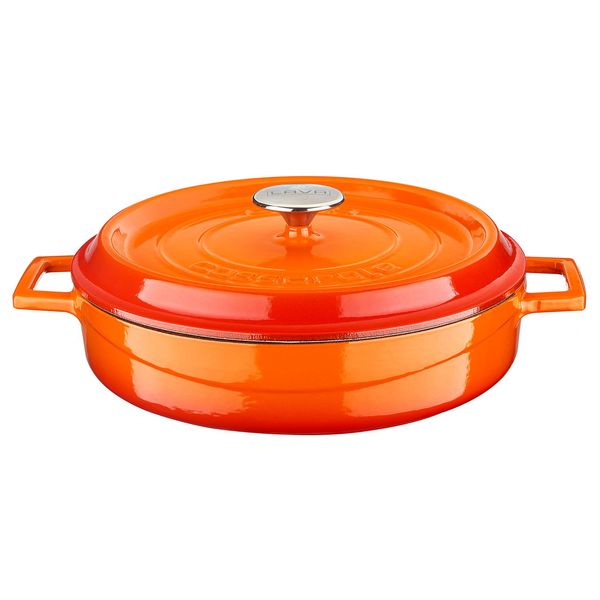 Кастрюля низкая чугунная эмалированная оранжевая с крышкой 28 см, 3,5 л, LAVA