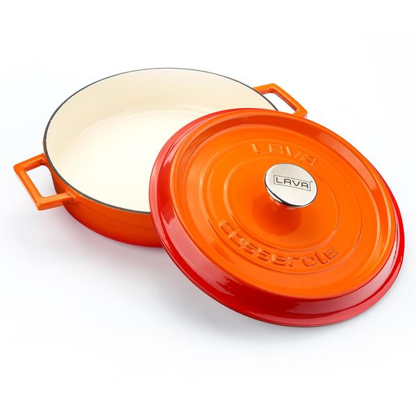 Кастрюля низкая чугунная эмалированная оранжевая с крышкой 28 см, 3,5 л, LAVA, изображение 2