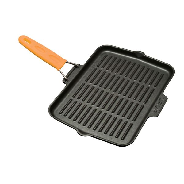 Сковорода-гриль прямоугольная чугунная эмалированная оранжевая с силиконовой ручкой, 21*30 см, LAVA, изображение 2
