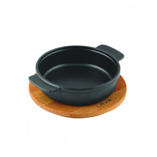 Сковорода чугунная с 2-мя ручками на деревянной подставке, 14 см, 0,35 л, LAVA, Диаметр, см: 14, Цвет: Черный