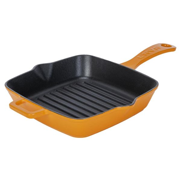 Сковорода-гриль квадратная чугунная эмалированная оранжевая 20 см, 1 л, LAVA