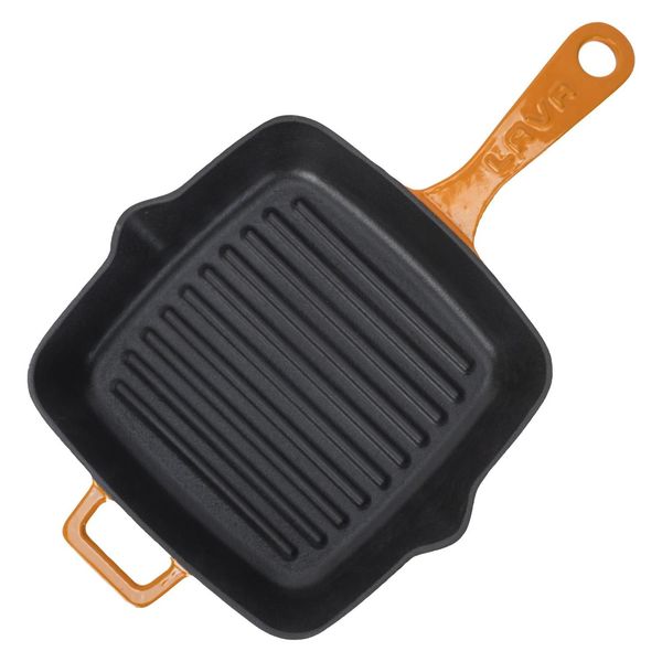 Сковорода-гриль квадратная чугунная эмалированная оранжевая 20 см, 1 л, LAVA, изображение 2