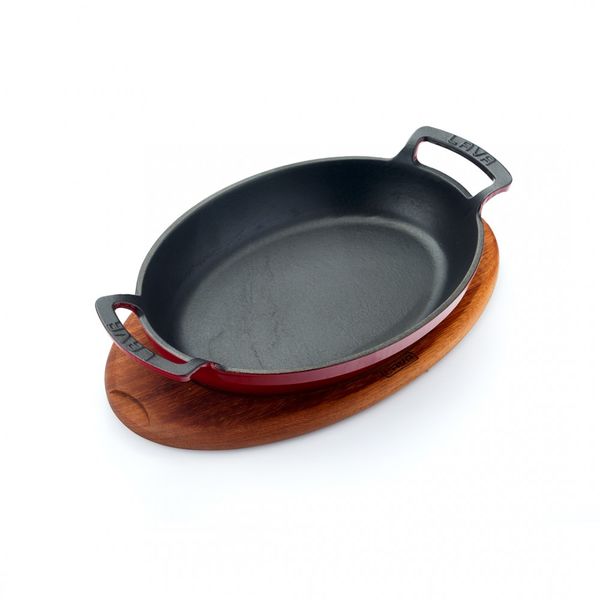 Сковорода овальная чугунная эмалированная красная с 2-мя ручками на деревянной подставке, 27*20 см, 1,35 л, LAVA, изображение 2