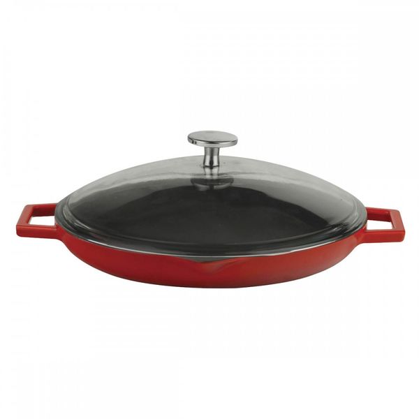 Сковорода чугунная эмалированная красная с 2-мя ручками со стеклянной крышкой, 30 см, LAVA, Диаметр, см: 30, Цвет: Красный