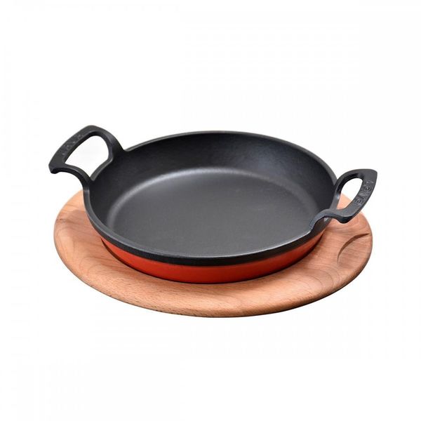 Сковорода круглая чугунная с 2-мя ручками на деревянной подставке, 16 см, LAVA, Диаметр, см: 16, Цвет: Красный