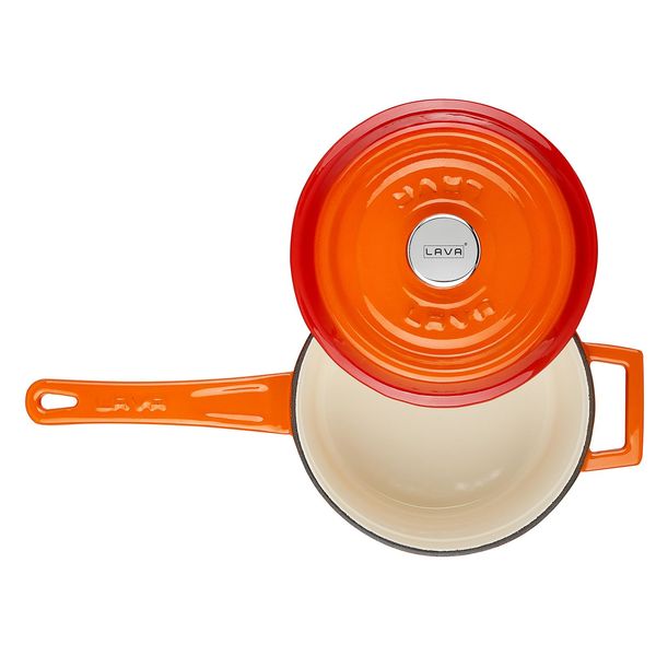 Ковш чугунный эмалированный оранжевый с крышкой 16 см, 1,3 л, LAVA, изображение 3