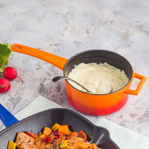 Сотейник с крышкой чугунный эмалированный оранжевый, 16 см, 1,35 л, LAVA, изображение 4