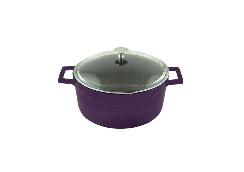 Кастрюля чугунная эмалированная фиолетовая со стеклянной крышкой, 24 см, 4,49 л, LAVA