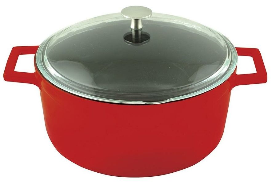 Кастрюля чугунная эмалированная красная со стеклянной крышкой, 28 см, 6,71 л, LAVA, Диаметр, см: 28, Цвет: Красный